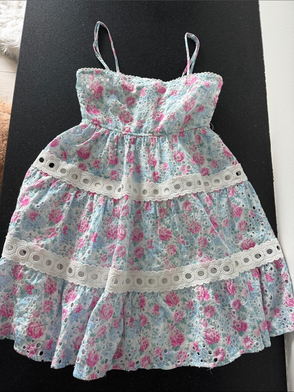 Altar’s state Girls Floral Eyelet Sundress with Lace Trim - Pink & Light Blue